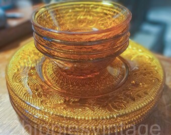 FOUR Vintage Indiana Glass 8" Luncheon Plates and Small Fruit Dessert 5" Bowls in Sandwich Amber (Collection) by TIARA