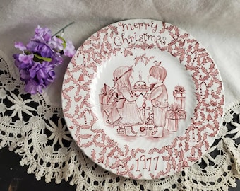 1977 Merry Christmas Plate by Norma Sherman Red Transferware Royal Crownford