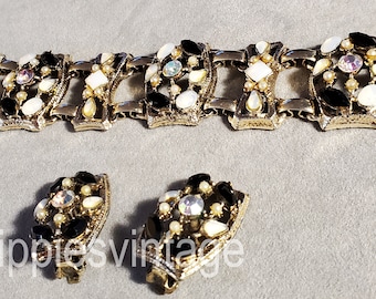 Ensemble bracelet et boucles d'oreilles vintage Moonglow en fausses perles et strass : bijoux de défilé des années 1960