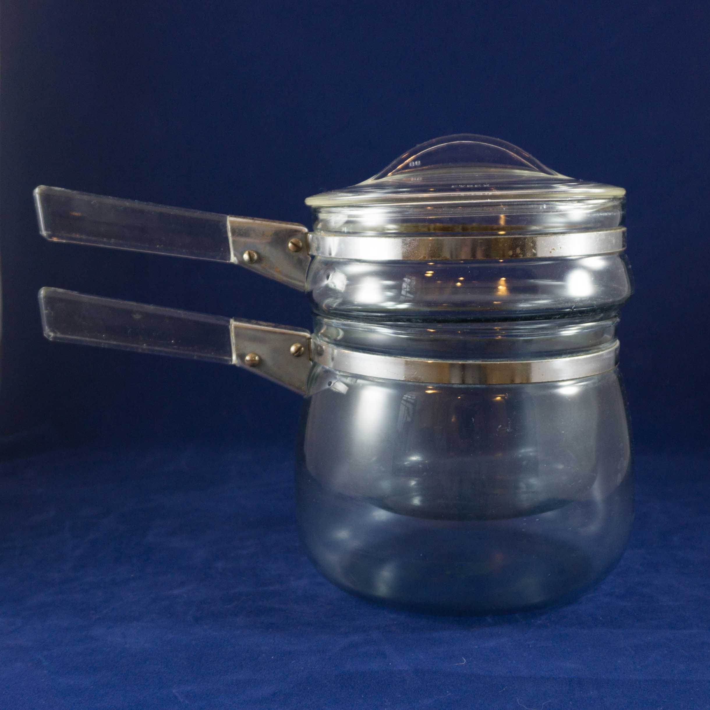 Vintage Pyrex Complete Blue Double Boiler with Lid and Glass Handles