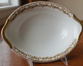 Set of Two Vintage Warwick Pattern Bowls 09071 Oval Serving Dish and One 7.5 Inch Soup Bowl Gold and Green c1930s