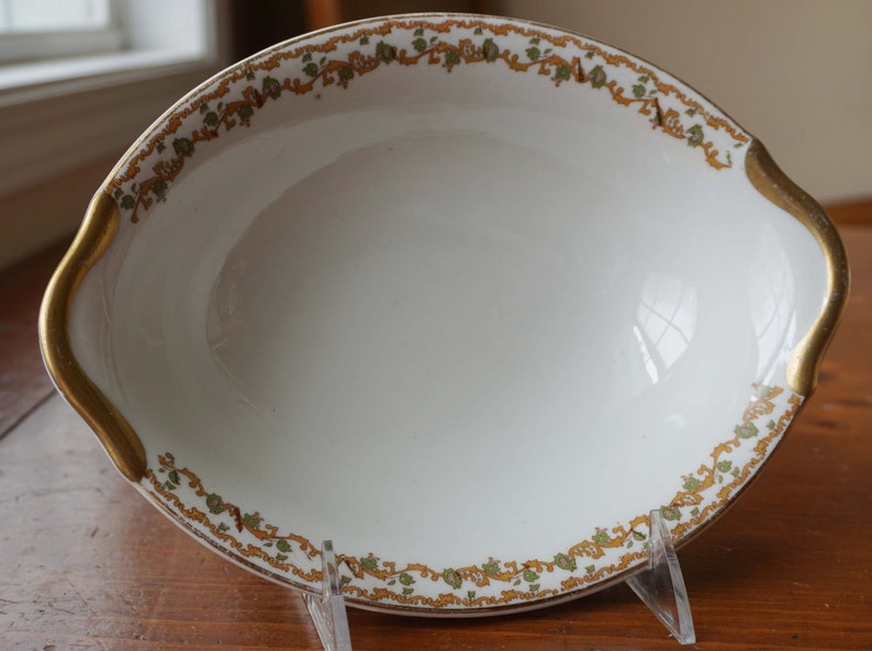 Set of Two Vintage Warwick Pattern Bowls 09071 Oval Serving Dish and One 7.5 Inch Soup Bowl Gold and Green c1930s