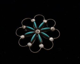 Norbert and Florenda Haskie Zuni Sterling Silver Needlepoint Turquoise Brooch