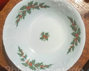 8" Round Vegetable Bowl Holiday Holly by ROYAL KENT (POLAND)  Embossed Scalloped Gold Edge