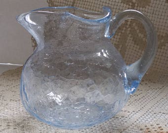 Vintage Baby Blue Crackle Craquelle Ice Glass Fluted Scalloped Pitcher