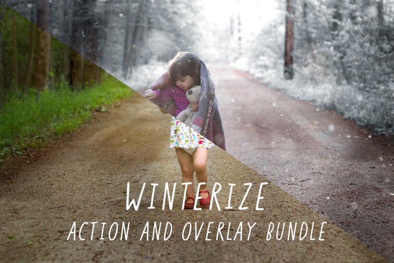 Puede incluir: Una ni&ntilde;a camina por un sendero en un bosque nevado. Lleva un su&eacute;ter rosa y una falda blanca. Lleva un animal de peluche. El texto "Winterize Action and Overlay Bundle" est&aacute; escrito en el camino.