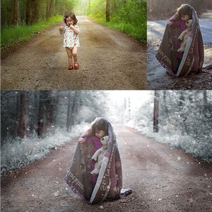 Puede incluir: Una ni&ntilde;a camina por un sendero en un bosque. Lleva un vestido floral y zapatos rojos. El sendero est&aacute; bordeado de &aacute;rboles y el suelo est&aacute; cubierto de hojas. La ni&ntilde;a sonr&iacute;e y parece feliz.