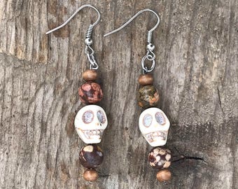 White Skeleton and Jasper Stone Earrings, Skeleton Earrings, Jasper Earrings