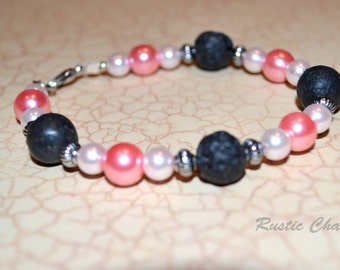 Pink glass pearl and Jet Lava Bracelet