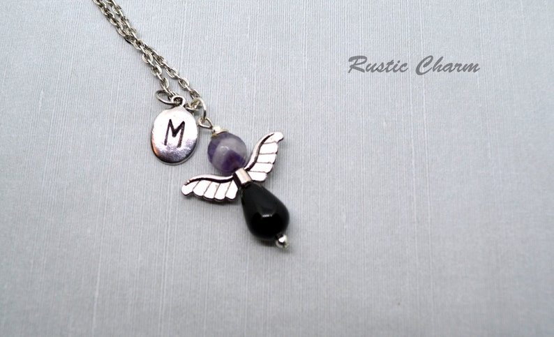 Personalized Faceted Amethyst and Black Onyx hand stamped Initial Angel Pendant