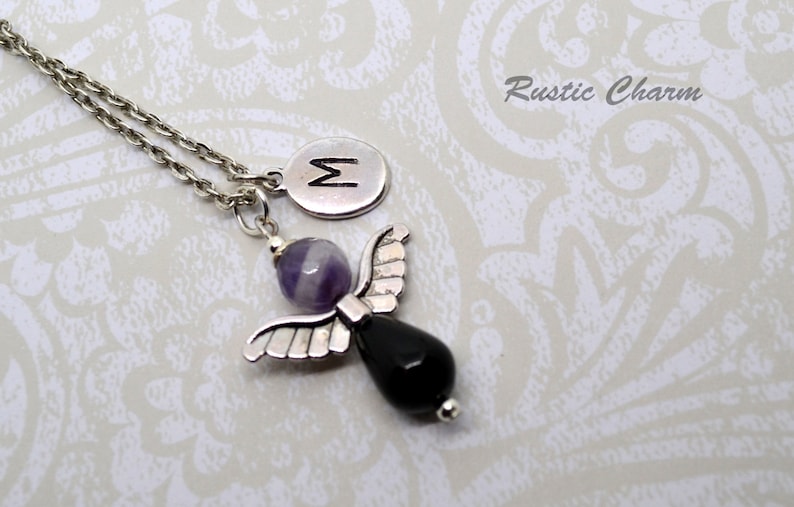 Personalized Faceted Amethyst and Black Onyx hand stamped Initial Angel Pendant