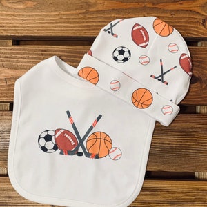 Baby Sports themed Gift Set Bib and Hat. Hospital and Newborn Gift. Kota Couture