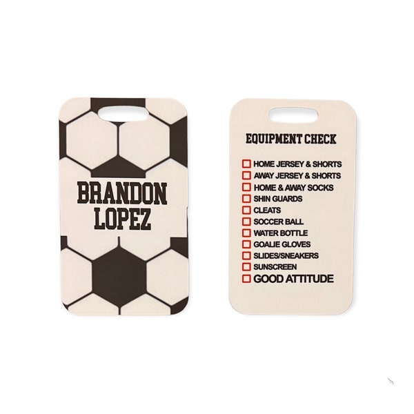 Soccer Gear Checklist Bag Tags. Sports Bag Tag. Personalized luggage Tag. Team Gift. Tournament Tags. Kota Couture. Customized Bag Tag