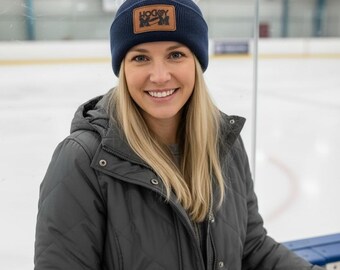 Hockey Mom Pom Pom Beanie with Leather Patch. Kota Couture