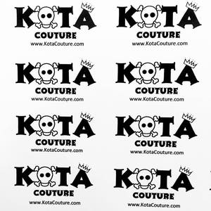 May include: Eight black and white logo designs for Kota Couture. Each logo features a skull and crossbones, the word "KOTA" in bold letters, and the word "COUTURE" below. The website address "www.KotaCouture.com" is printed below each logo.