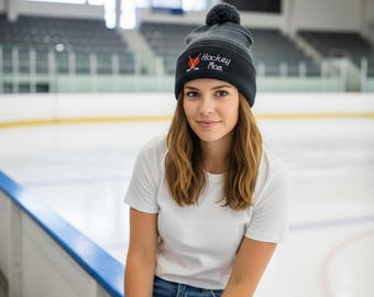 Hockey Mom Pom Pom Beanie: Embroidered Spirit Wear
