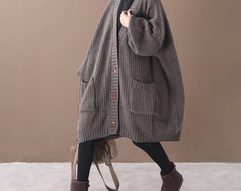 Autumn and winter loose long sweater cardigan brown sweater coat casual vintage sweater V-neck jacket woman
