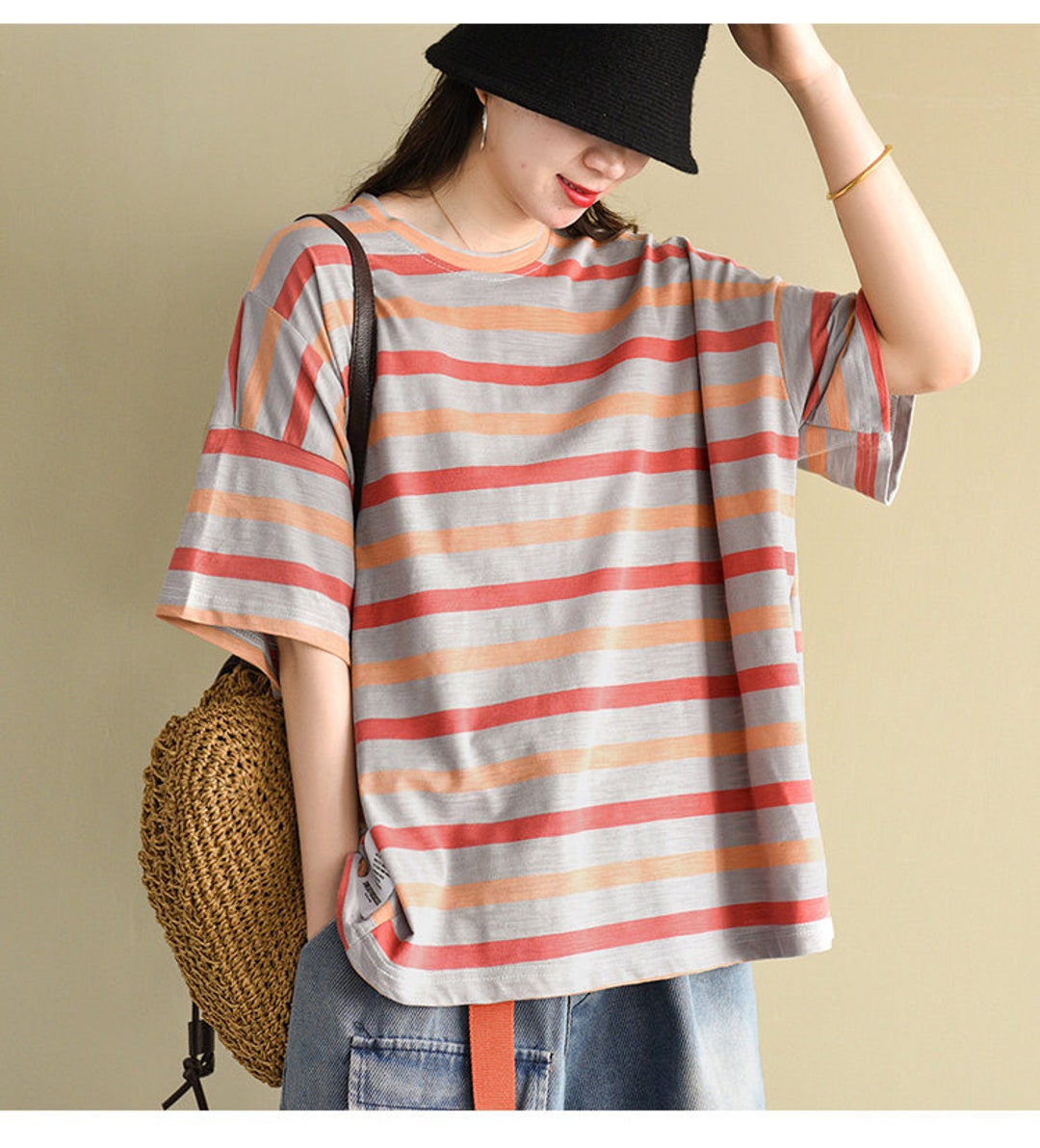 Women Sundress Linen Striped T-shirt Linen Tops Short Sleeve - Etsy