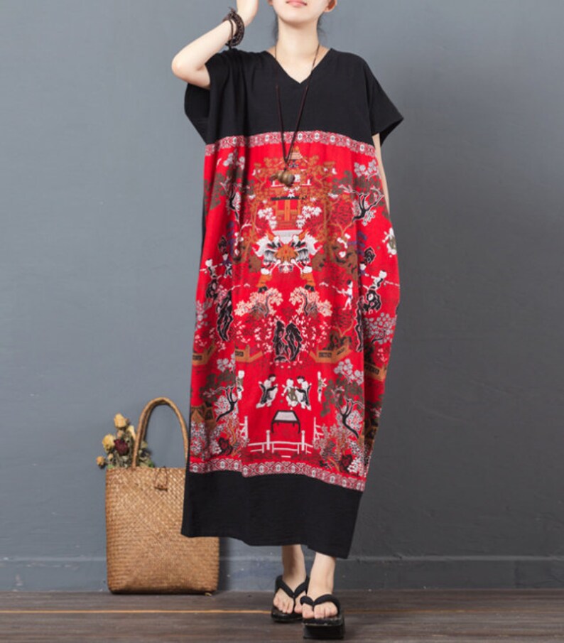 Women pattern dress loose dress printed summer linen clothing | Etsy