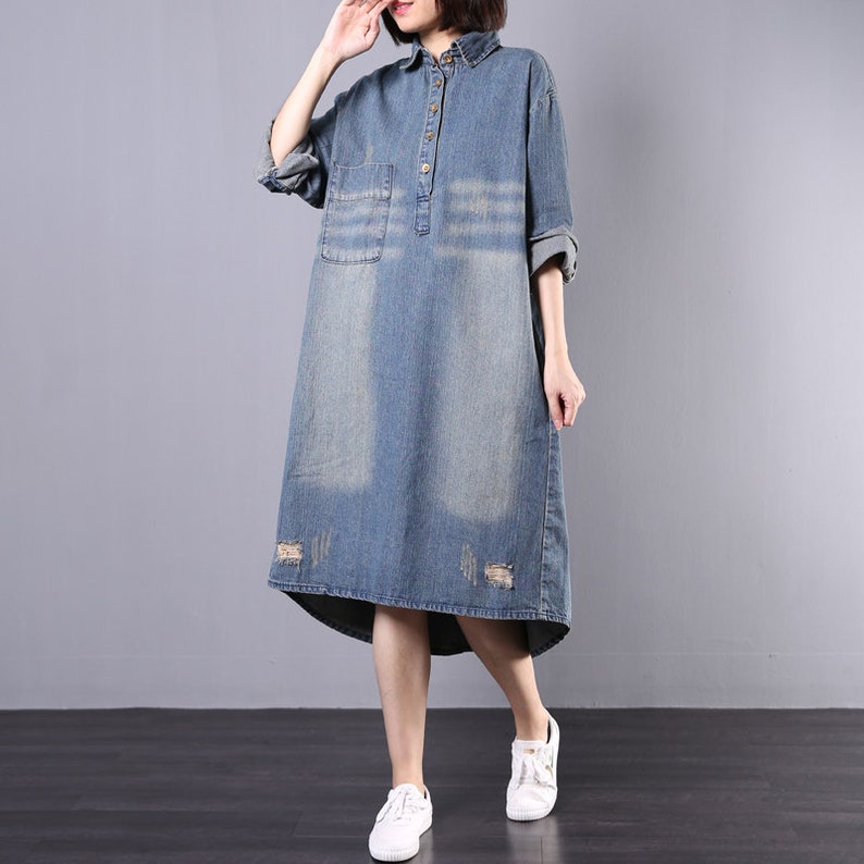 Women Autumn Casual Loose Shirt Dress Denim Dress Asymmetrical - Etsy