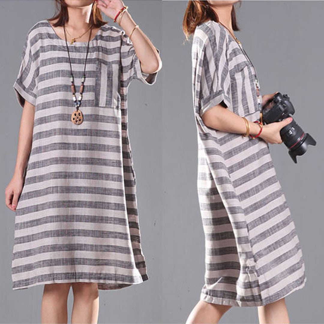 Loose Striped Tunic Dress Stripe Cotton Short-sleeved Dress - Etsy