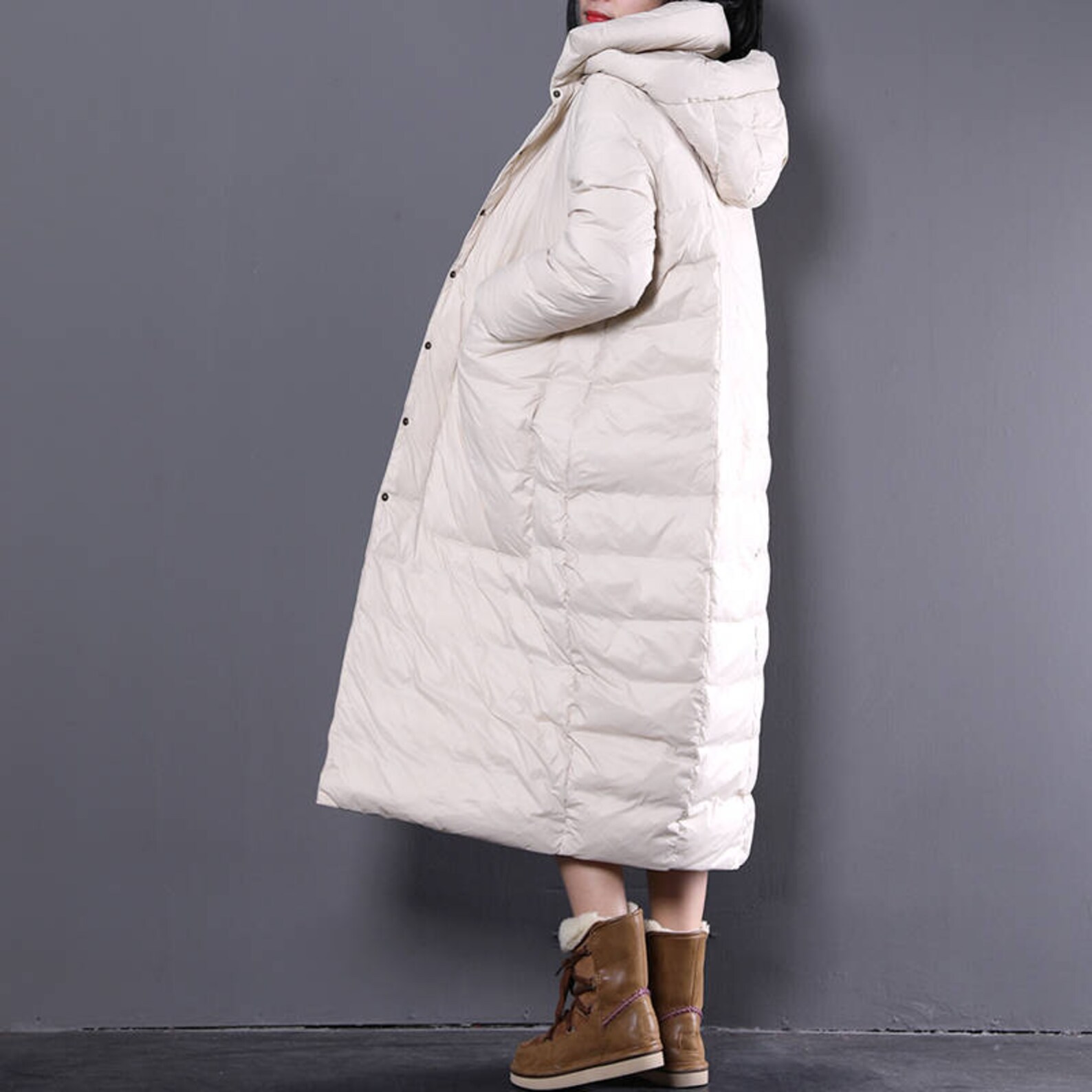 Women Off White Coat Winter Warm Hooded Cocoon Down Coat Etsy