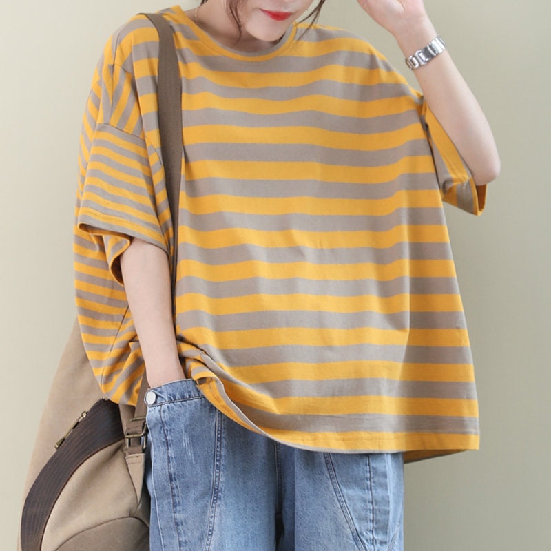 Women Loose Fitting Tops Striped Summer Blouse Cotton T-shirt - Etsy