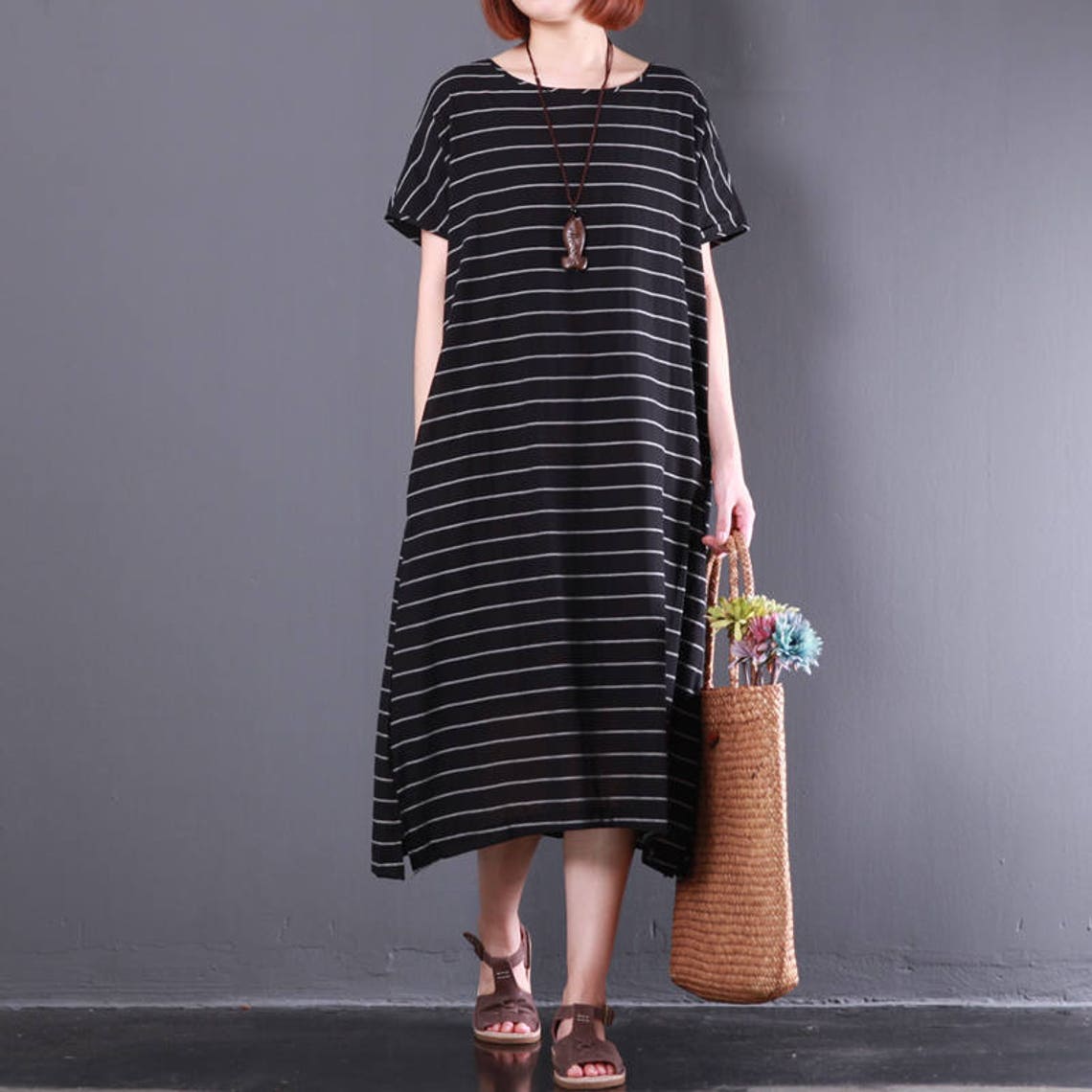 Women sundress linen dress stripe dress comfortable dress | Etsy