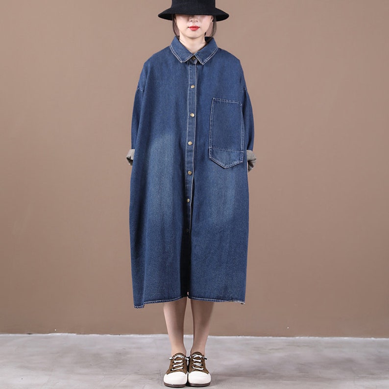 Autumn new loose large size washed denim single breasted shirt dress
