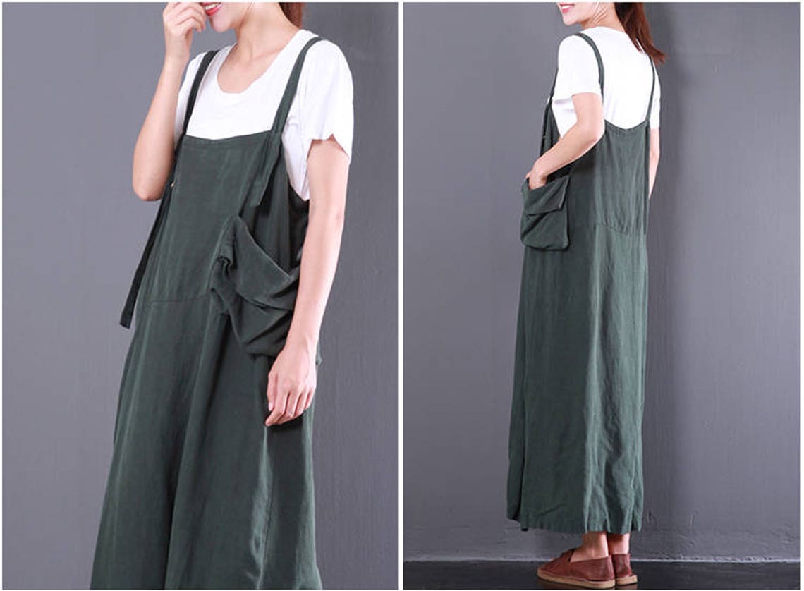 Women Green Vest Dress Dungarees Linen Overalls Maxi Dress - Etsy