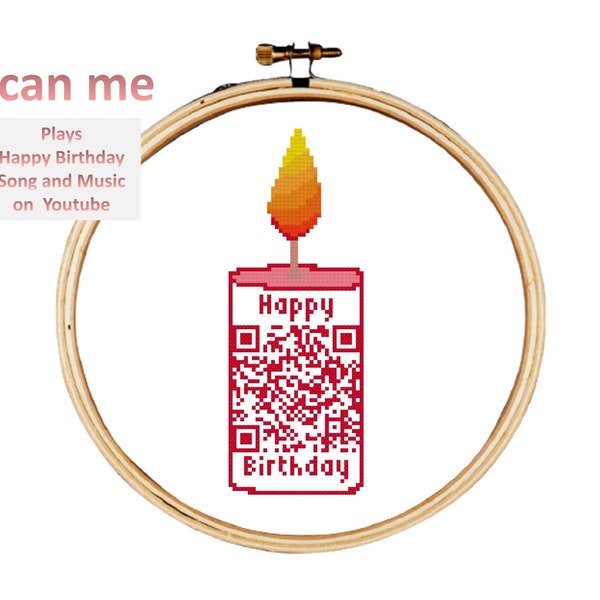Happy Birthday cross stitch pattern, Birthday Candle cross stitch pattern that includes a QR Code linked to Happy birthday song and music