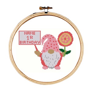 Modèle de point de croix de premier anniversaire, modèle de point de croix Gnome, modèle de point de croix de 1er anniversaire de fille
