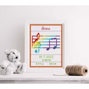 Patrón de punto de cruz Baby Sampler, Anuncio de nacimiento, Patrón de punto de cruz de notas musicales, Alfabeto incluido