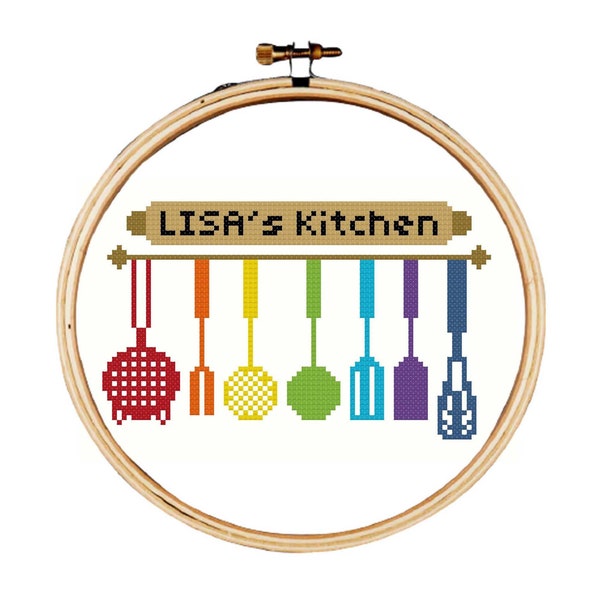 Kitchen cross stitch pattern, personalized kitchen cross stitch pattern, kitchen utensils cross stitch with rainbow colors includes alphabet