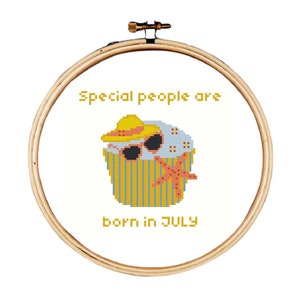 Verjaardag kruissteekpatroon, geboren in juli kruissteekpatroon, cupcake kruissteekpatroon, muts, zonnebril en zeevis kruissteek