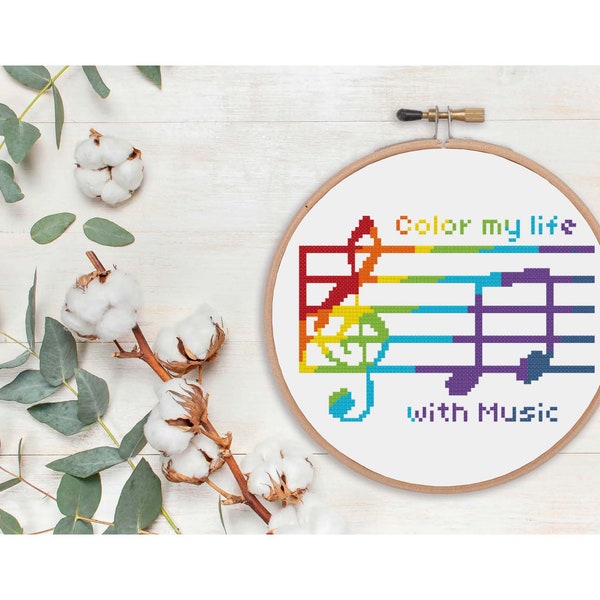 Music cross stitch pattern, Music Notes cross stitch pattern, Colorful Music notes cross stitch pattern, rainbow colors