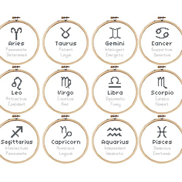 12 Zodiac cross stitch patterns | twelve easy zodiac signs and personality traits cross stitch patterns | Zodiac cross stitch pattern