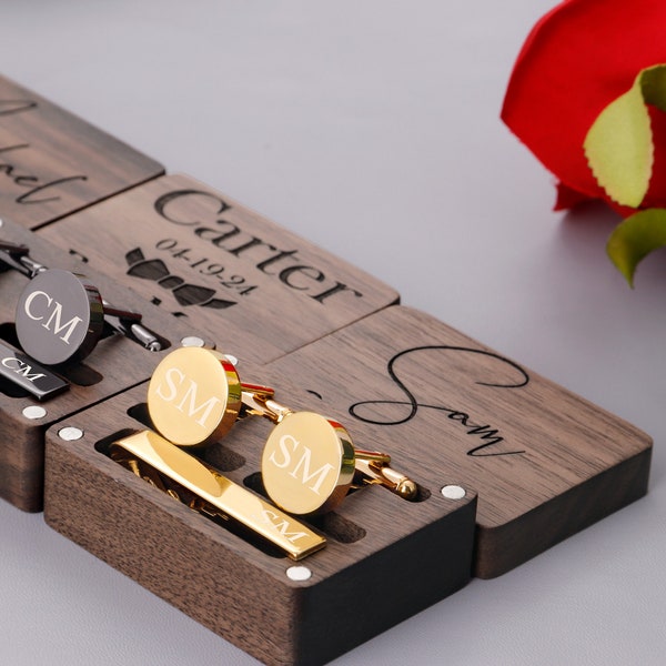 Groomsmen Gifts Cufflinks, Personalized Engraved Tie Bar Set, Wedding Cuff link for Groom Bestman Gifts