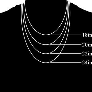 May include: A black background with four white necklaces of varying lengths, labeled 18in, 20in, 22in, and 24in. The necklaces are displayed in a curved shape, suggesting how they would hang when worn.