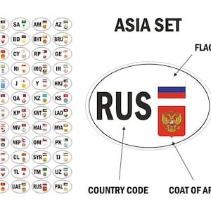 May include: A white oval sticker with a black outline and the text "RUS" in black. The sticker also features the Russian flag and coat of arms. The sticker is part of a set of stickers representing different countries in Asia.