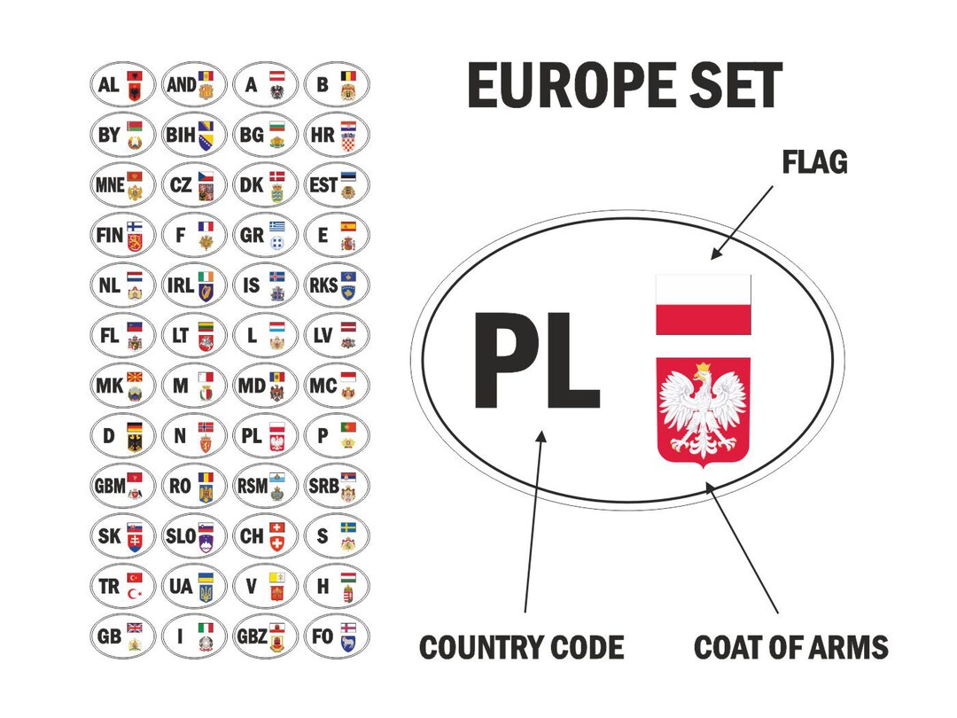 EUROPE SET Stickers With International Car Code, Flag, State Coat of ...