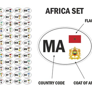 Peut inclure: Un autocollant ovale blanc avec une bordure noire et le code pays "MA" en texte noir. L'autocollant présente également le drapeau du Maroc et les armoiries du Maroc. L'autocollant fait partie d'un ensemble d'autocollants représentant les pays africains.