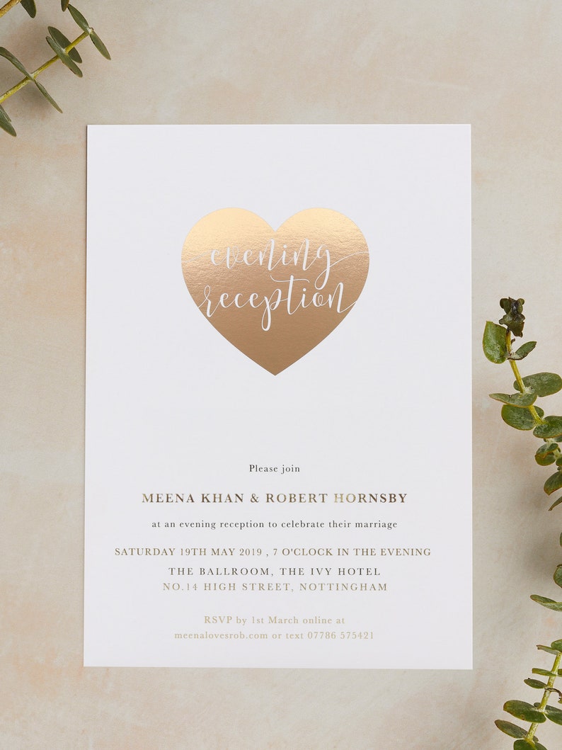 Foiled Heart Evening Wedding Reception Invitation Gold Rose Etsy