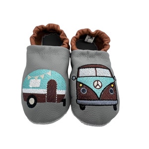 Crawling shoes Leather slippers Crawling slippers grey/brown with Bulli, bus and caravan, trailer