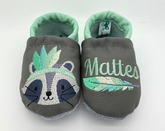 Personalized leather baby shoes/booties, grey/mint, with Native American, raccoon, and name, embroidered, feathered creatures