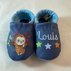 Baby shoes leather slippers Baby slippers blue / light blue with sloth and name, personalized