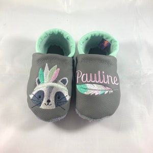 Crawling shoes leather slippers Crawling slippers gray / mint with Indian raccoon and name, personalised, embroidered, feathered animals