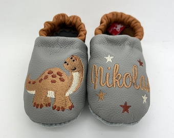 Crawling shoes, leather slippers, crawling dolls, grey / brown with dino and name with stars, personalized