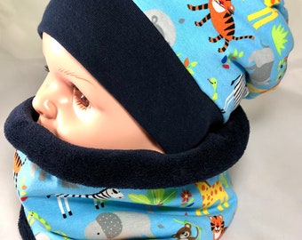 Beanie hat and loop scarf for children with zoo animals, blue, colorful, lined, set