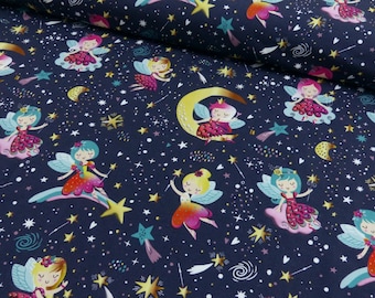 Jersey fabric with digital print fairy on dark blue